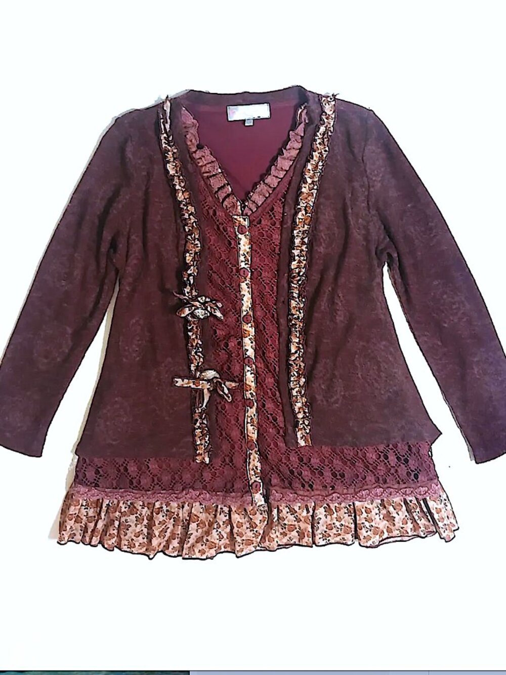 Pretty Angel L Burgundy Layered Tunic Cardigan Lace Floral Y2K Boho Whimsigoth